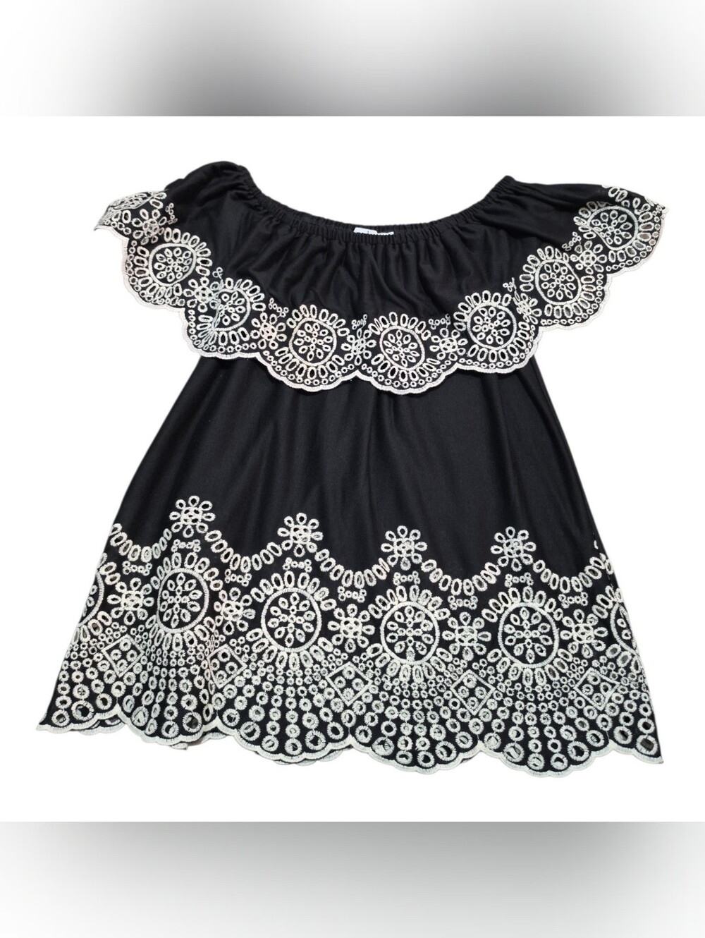 Fever Black Off Shoulder White Eyelet Lace Top Women’s Small Boho Romantic